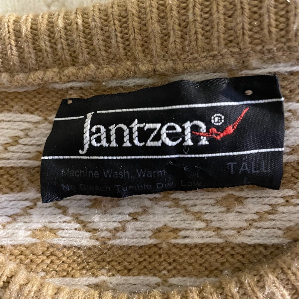 VTG Jantzen Cable Knit Fair Isle Crewneck Sweater Men's Large Tall Beige Grandpa - Picture 5 of 5